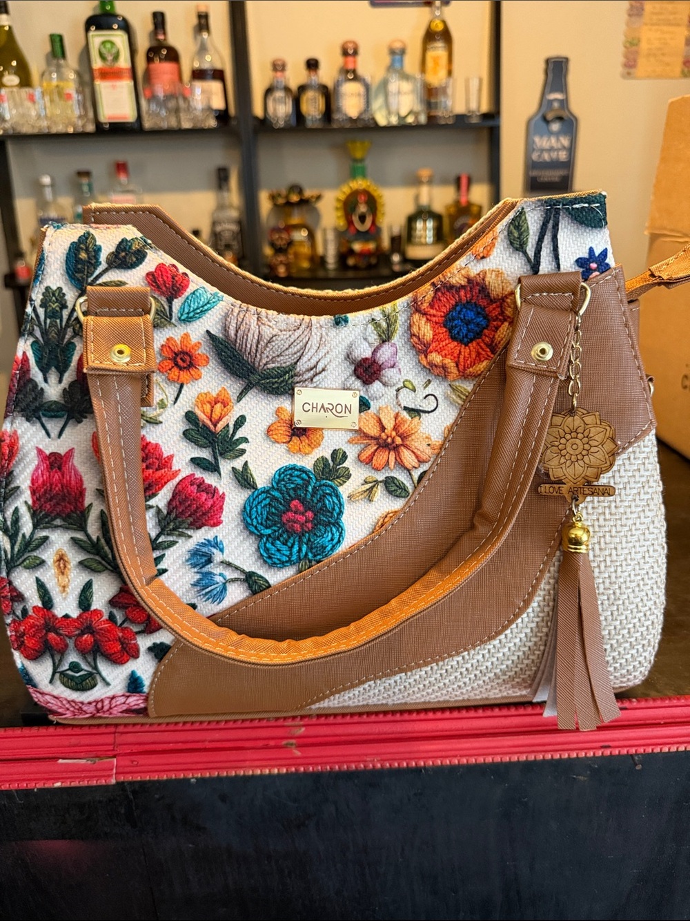 Floral Embroidered Shoulder Bag in Brown and Cream